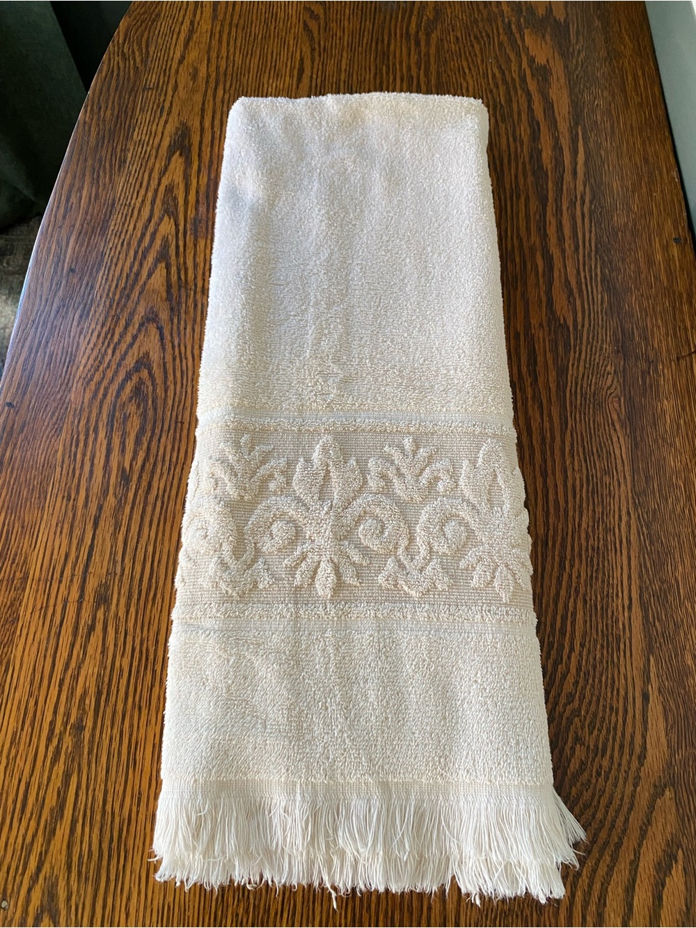 Vintage Sears Sculpted Fringed Bath Towel Cream Tan